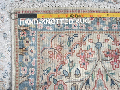 Kerman Vintage hand-knotted worn wool rug in Ivory & Blue, 1'10" x 2'10" — SKU O081970 (view 7)