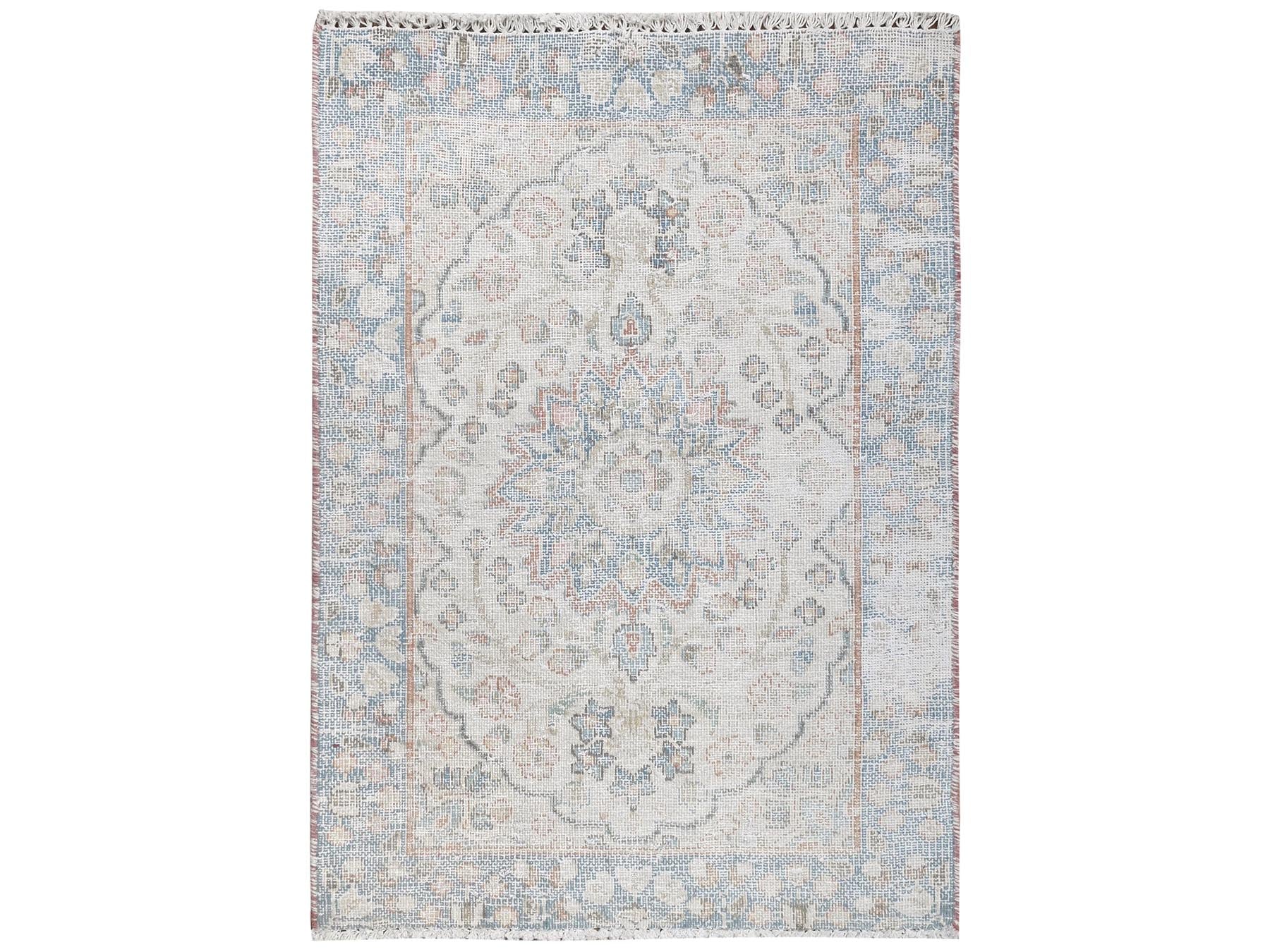 Kerman Vintage hand-knotted worn wool rug in Ivory & Blue, 2' x 2'9" — SKU O081973