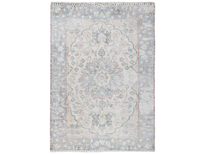 Kerman Vintage hand-knotted worn wool rug in Ivory & Blue, 2' x 2'9" — SKU O081973