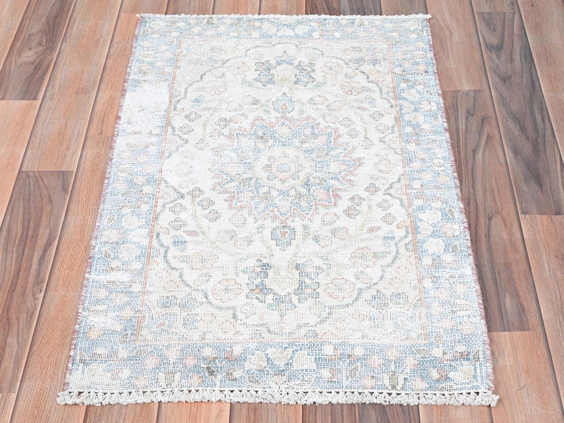 Kerman Vintage hand-knotted worn wool rug in Ivory & Blue, 2' x 2'9" — SKU O081973 (view 2)