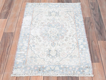 Kerman Vintage hand-knotted worn wool rug in Ivory & Blue, 2' x 2'9" — SKU O081973 (view 2)