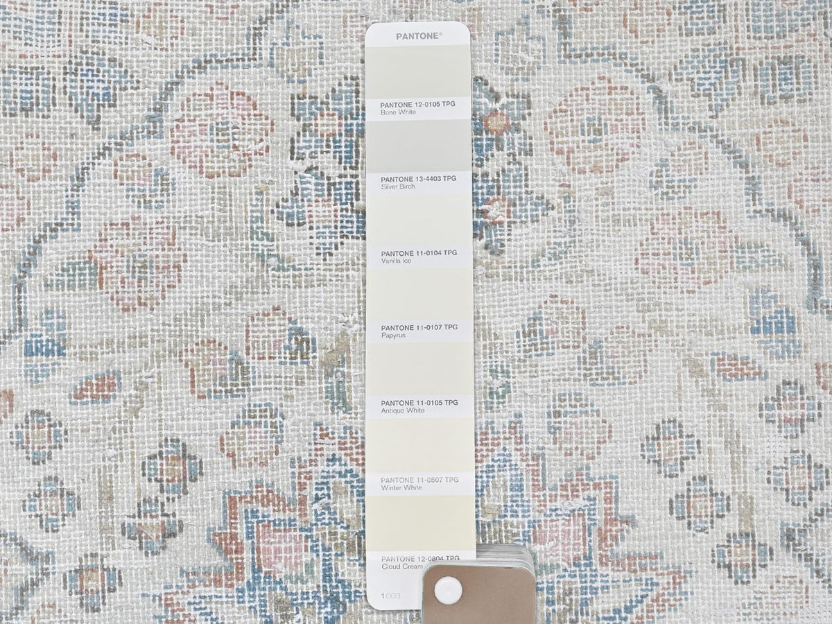 Kerman Vintage hand-knotted worn wool rug in Ivory & Blue, 2' x 2'9" — SKU O081973 (view 4)