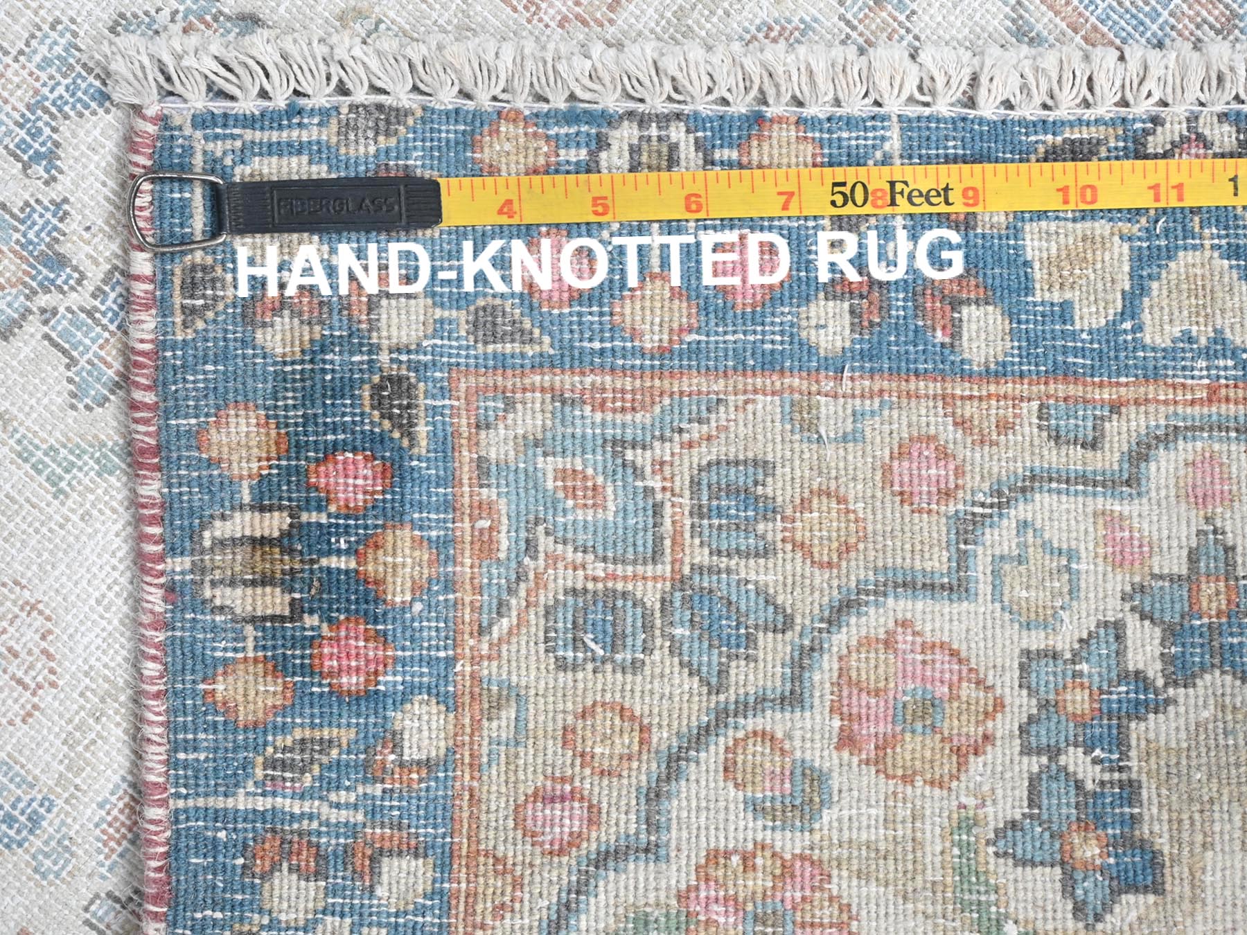 Kerman Vintage hand-knotted worn wool rug in Ivory & Blue, 2' x 2'9" — SKU O081973 (view 7)