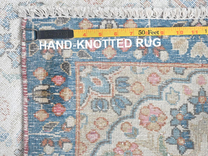 Kerman Vintage hand-knotted worn wool rug in Ivory & Blue, 2' x 2'9" — SKU O081973 (view 7)