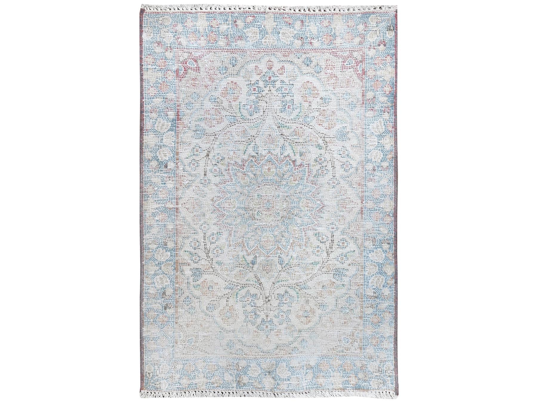 Kerman Vintage hand-knotted worn wool rug in Ivory & Blue, 2' x 2'9" — SKU O081974