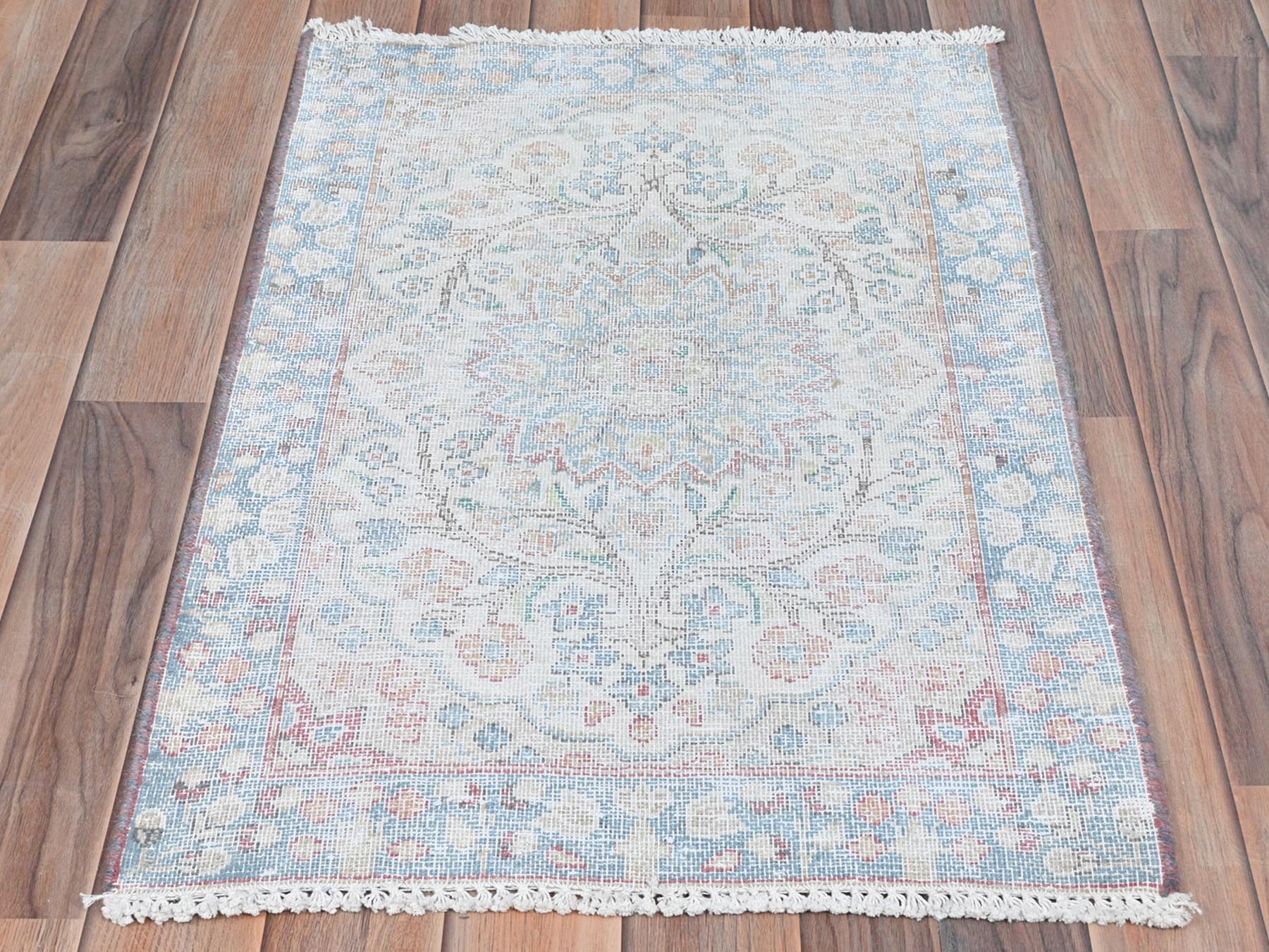 Kerman Vintage hand-knotted worn wool rug in Ivory & Blue, 2' x 2'9" — SKU O081974 (view 2)