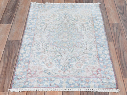 Kerman Vintage hand-knotted worn wool rug in Ivory & Blue, 2' x 2'9" — SKU O081974 (view 2)