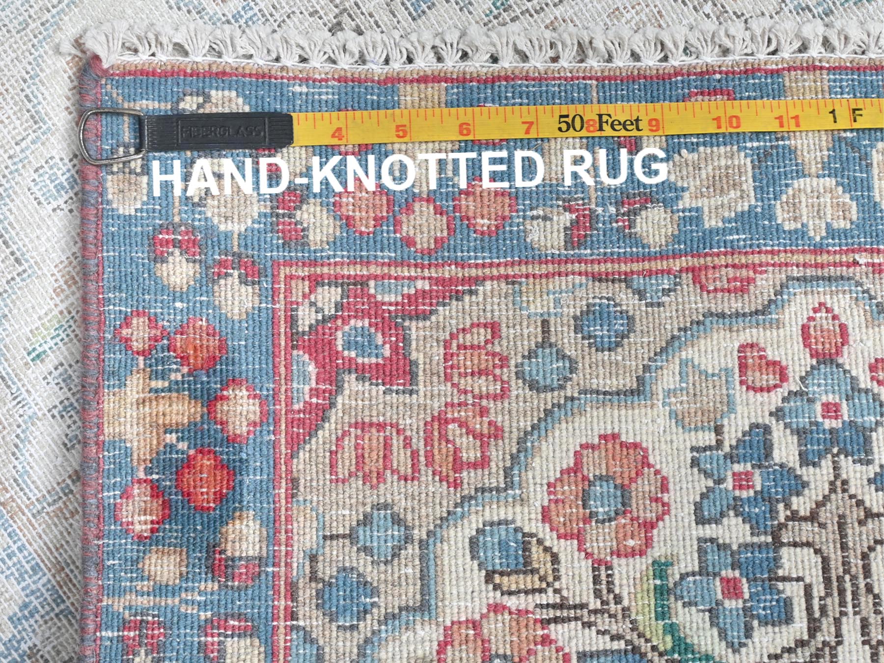 Kerman Vintage hand-knotted worn wool rug in Ivory & Blue, 2' x 2'9" — SKU O081974 (view 7)