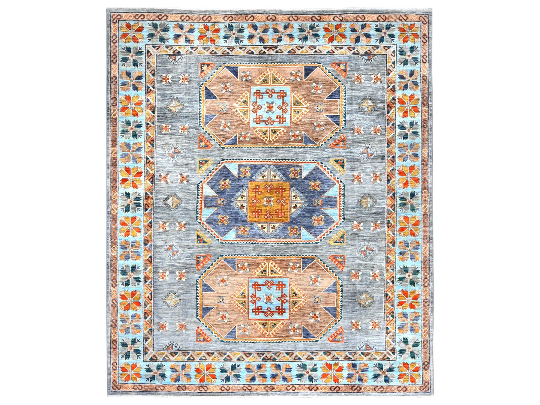 Tribal & Geometric hand-knotted wool rug in Gray & Light Blue, 8'3" x 9'7" — SKU O082029