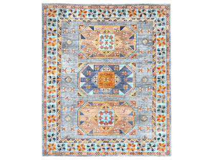 Tribal & Geometric hand-knotted wool rug in Gray & Light Blue, 8'3" x 9'7" — SKU O082029