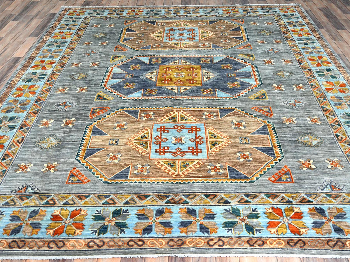 Tribal & Geometric hand-knotted wool rug in Gray & Light Blue, 8'3" x 9'7" — SKU O082029 (view 2)