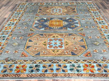 Tribal & Geometric hand-knotted wool rug in Gray & Light Blue, 8'3" x 9'7" — SKU O082029 (view 2)