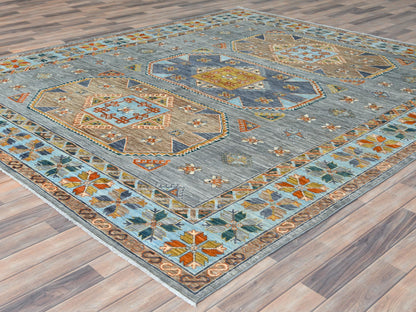 Tribal & Geometric hand-knotted wool rug in Gray & Light Blue, 8'3" x 9'7" — SKU O082029 (view 3)