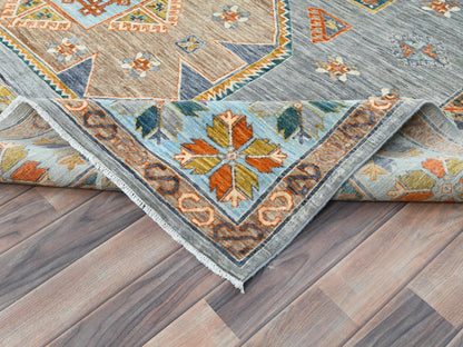 Tribal & Geometric hand-knotted wool rug in Gray & Light Blue, 8'3" x 9'7" — SKU O082029 (view 6)