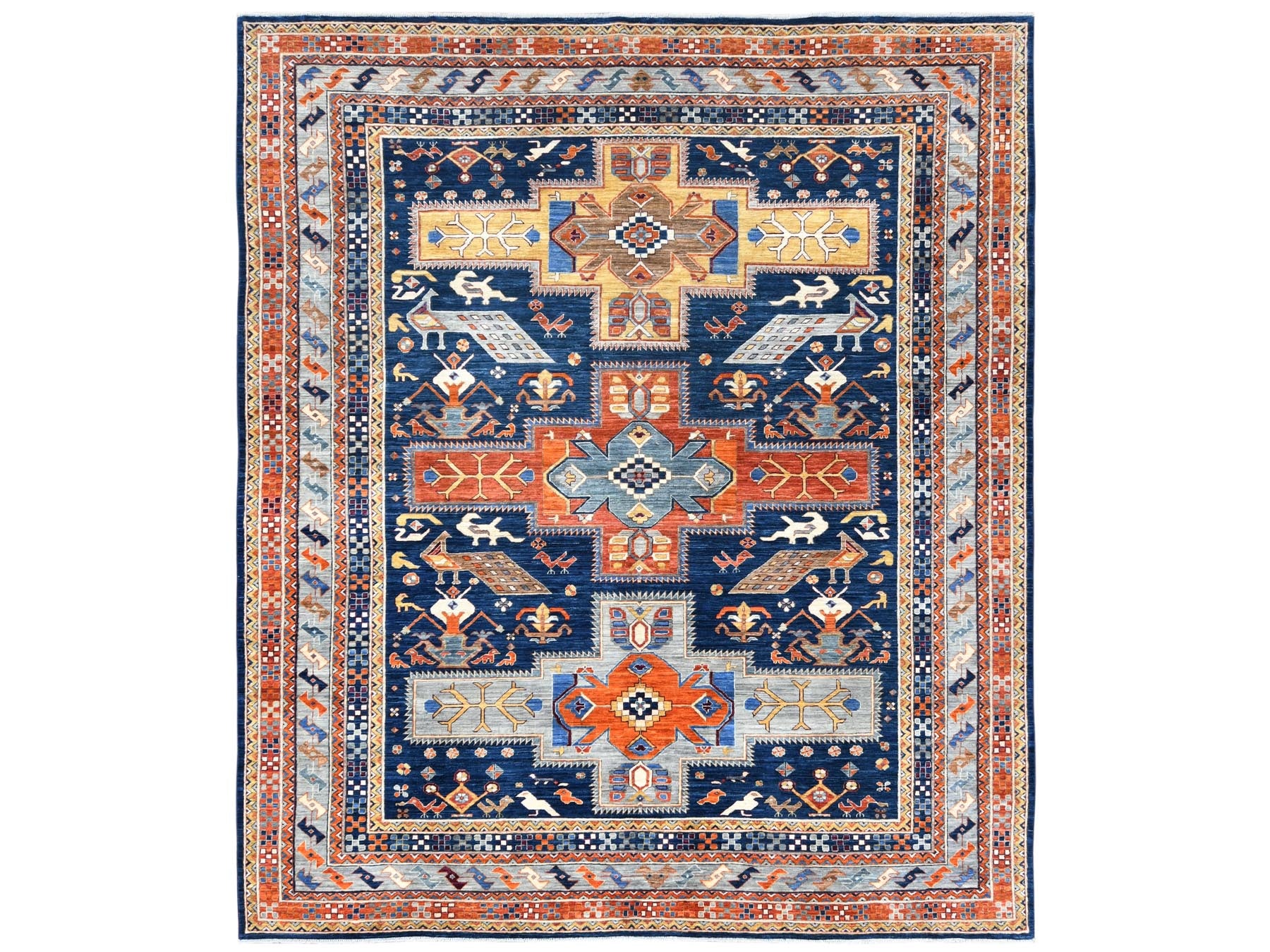 Tribal & Geometric hand-knotted wool rug in Blue & Red, 8'4" x 9'7" — SKU O082030