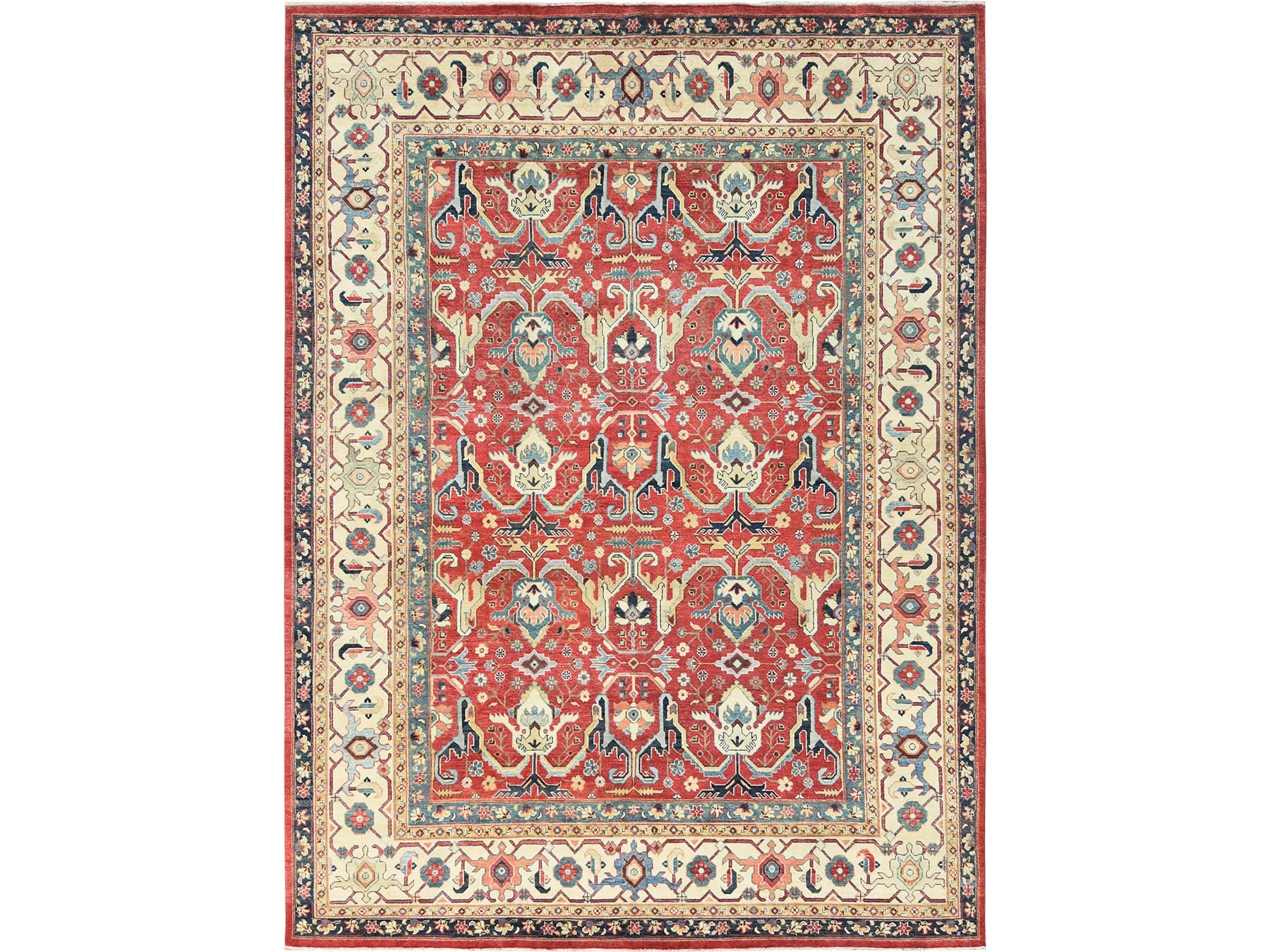 Peshawar Heriz hand-knotted wool rug in Red & Ivory, 9' x 12' — SKU O082151