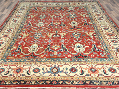 Peshawar Heriz hand-knotted wool rug in Red & Ivory, 9' x 12' — SKU O082151 (view 2)