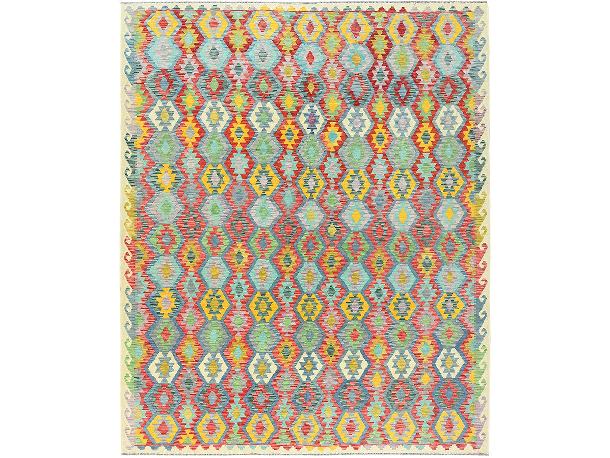 Kilim Flat-Weave hand-knotted wool rug in Multicolored & Colorful, 10'1" x 13'1" — SKU O082247