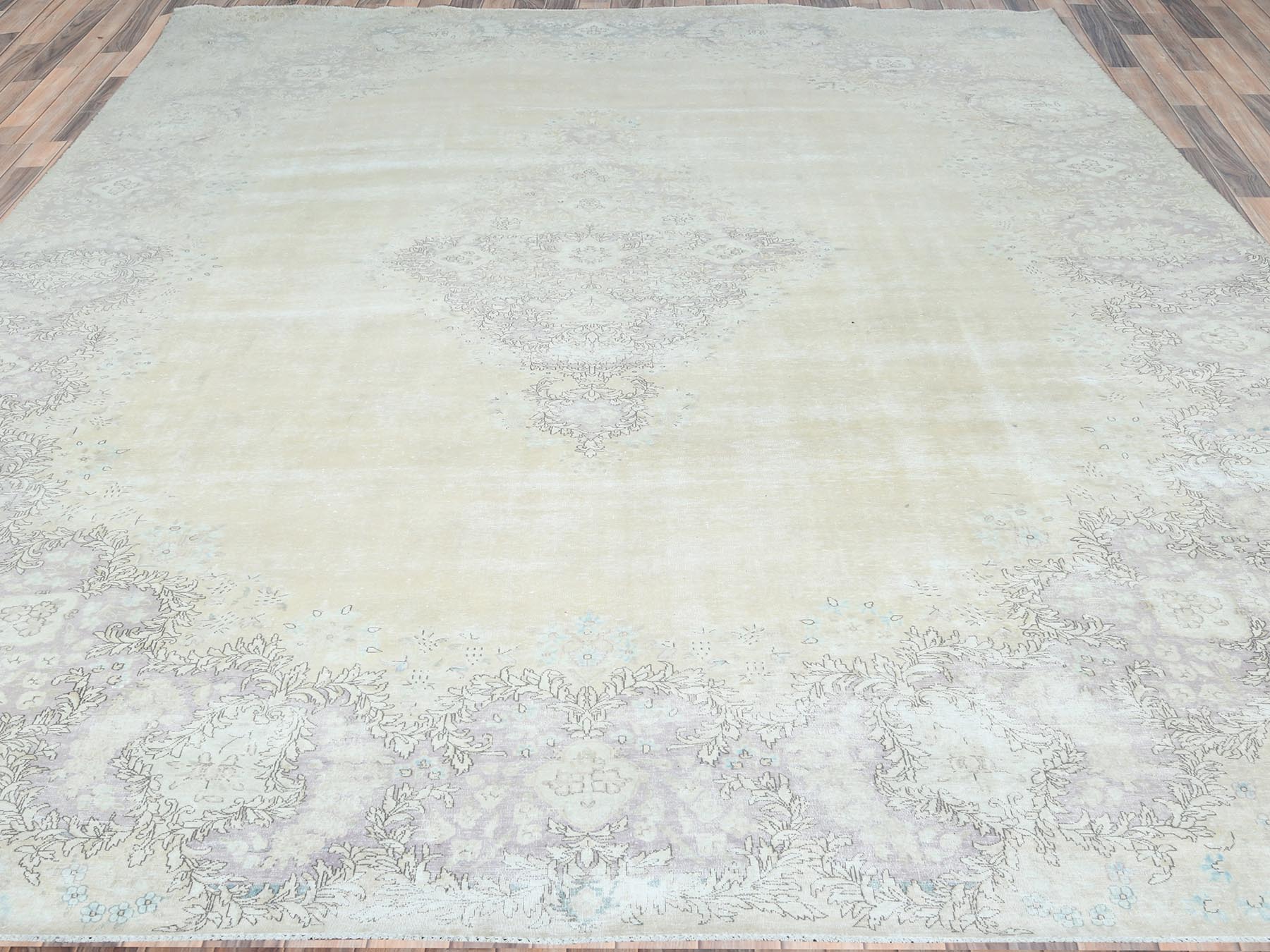 Kerman Vintage hand-knotted worn wool rug in Ivory & Chocolate Brown, 11'5" x 16' — SKU O082547 (view 2)