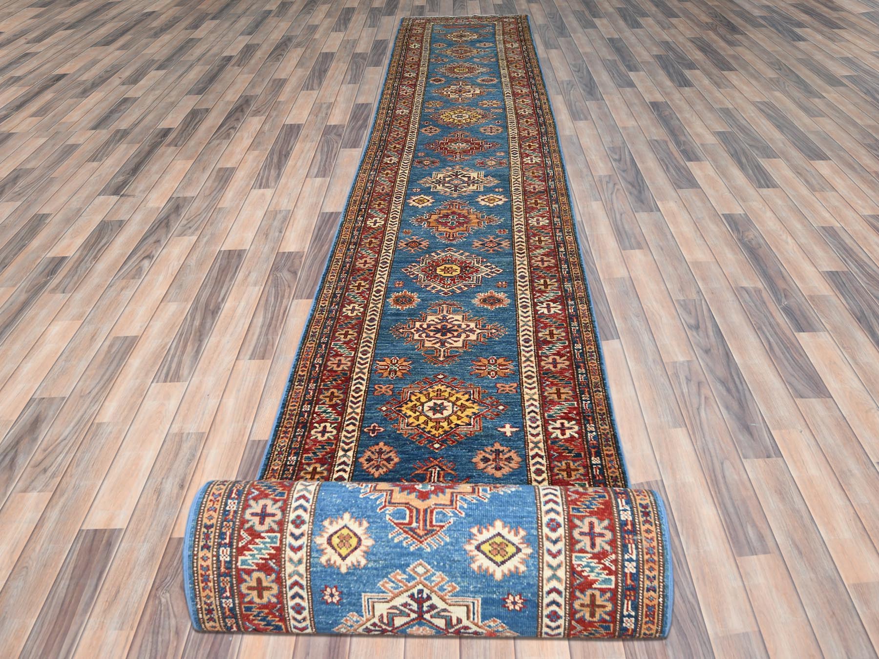 Kazak Kazak hand-knotted wool runner in Blue & Red, 2'9" x 40'6" — SKU O082575 (view 2)