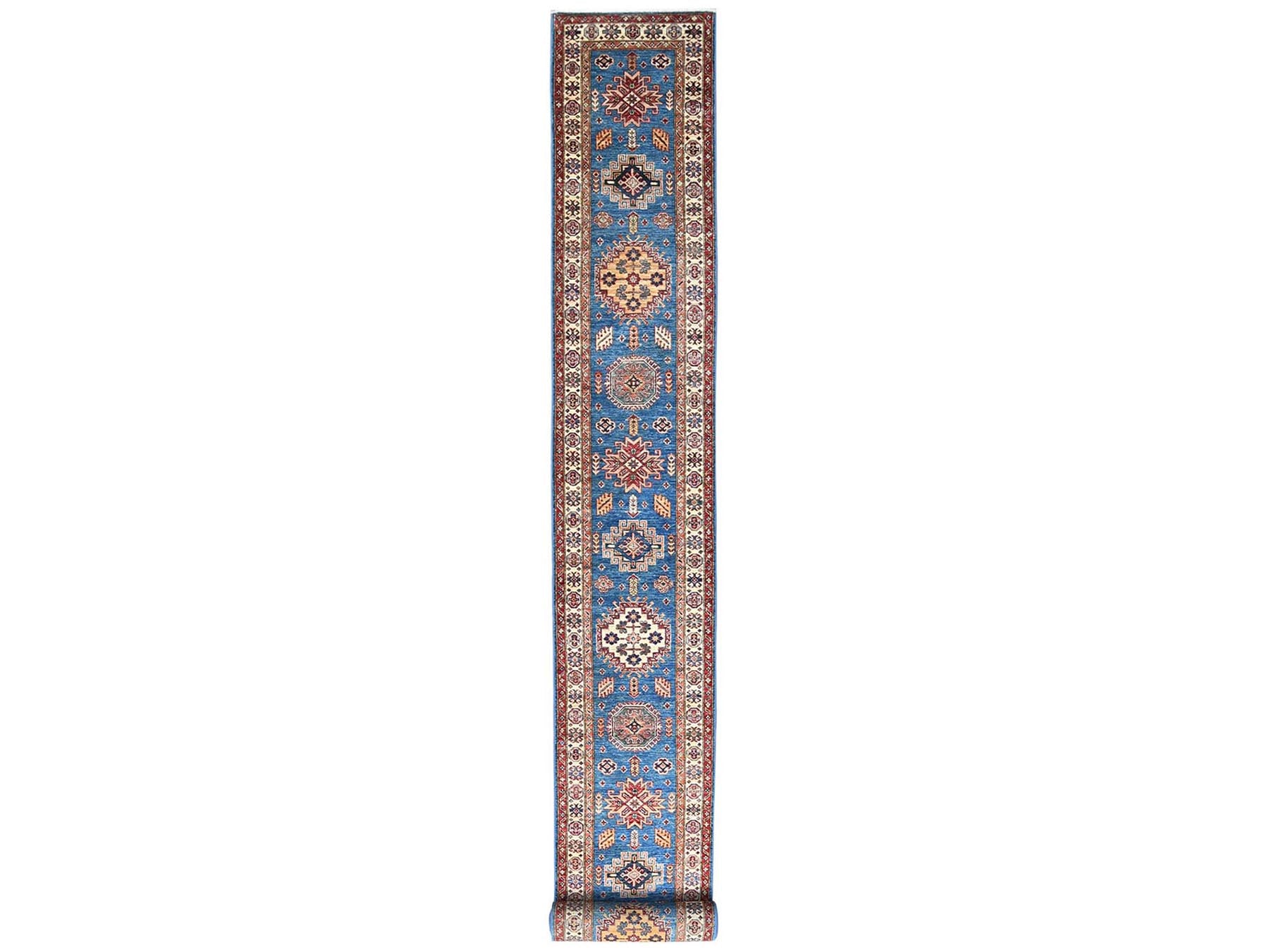 Kazak Kazak hand-knotted wool runner in Blue & Ivory, 2'6" x 33'6" — SKU O082577