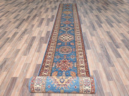 Blue 2'6" x 33'6" Kazak Hand knotted Wool Rug - Sku: O082577