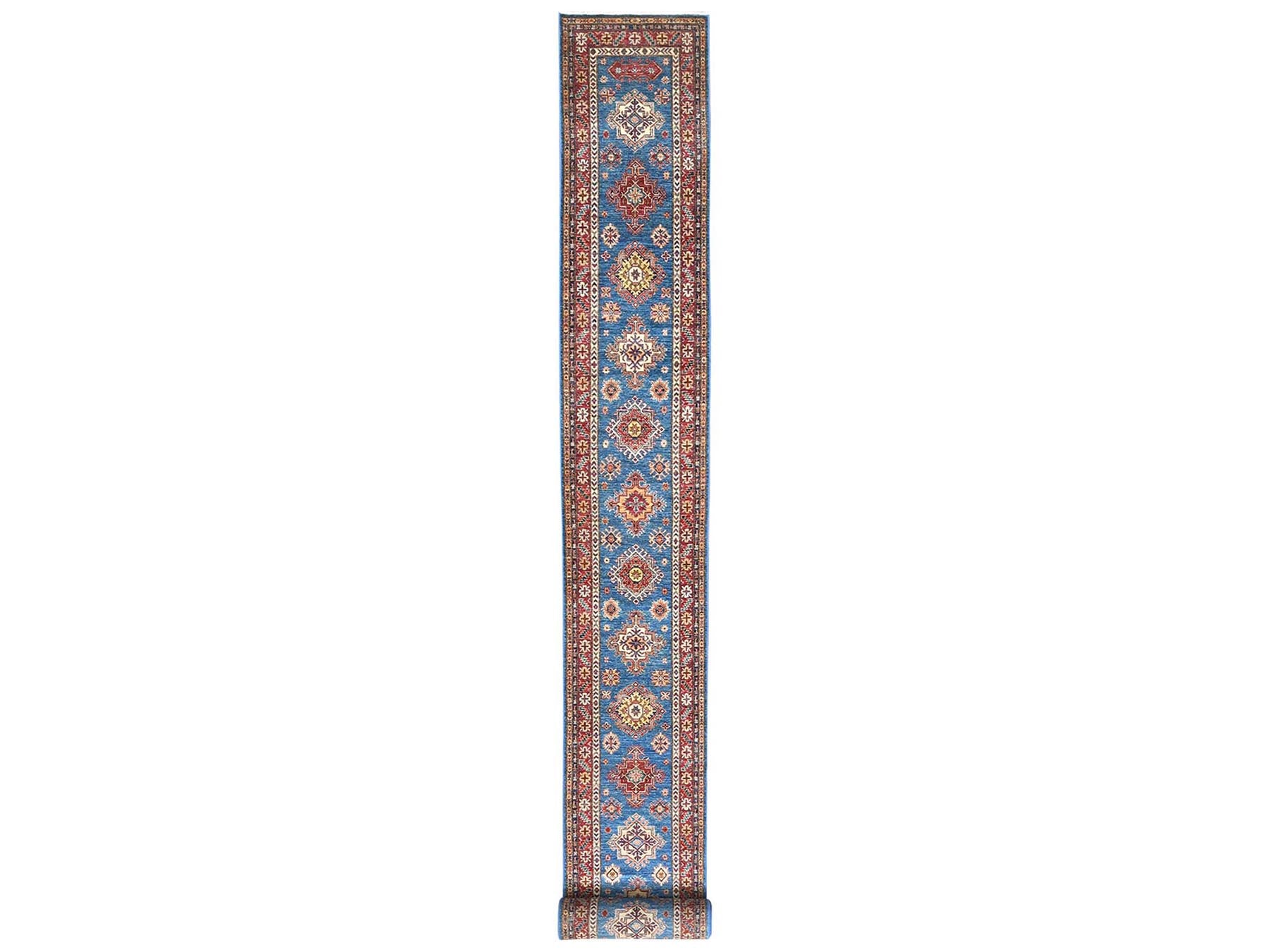 Kazak Kazak hand-knotted wool runner in Blue & Red, 2'8" x 34' — SKU O082579