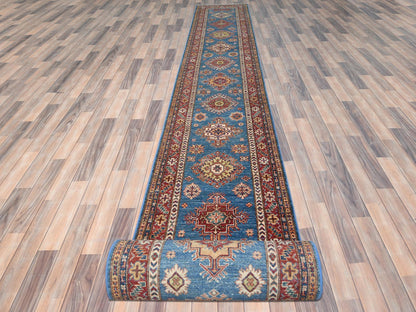 Blue 2'8" x 34'0" Kazak Hand knotted Wool Rug - Sku: O082579