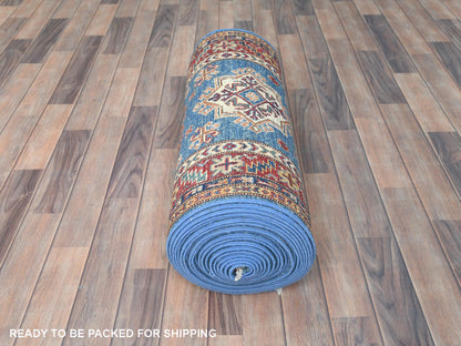 Blue 2'8" x 34'0" Kazak Hand knotted Wool Rug - Sku: O082579