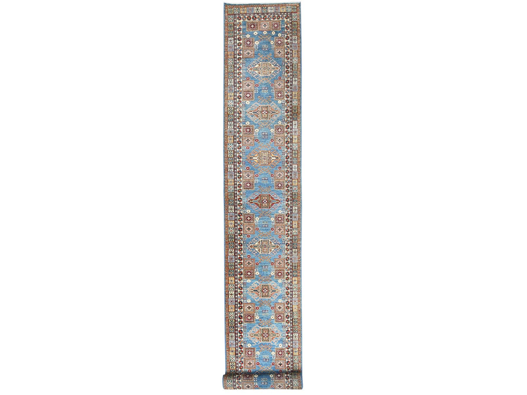 Blue 3'0" x 24'5" Kazak Hand knotted Wool Rug - Sku: O082606