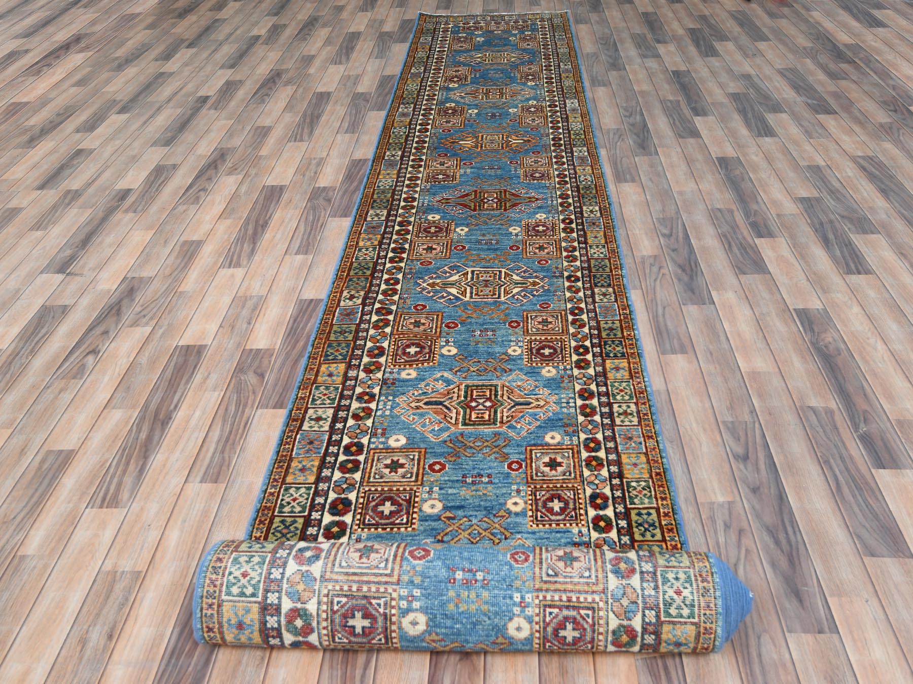 Blue 3'0" x 24'5" Kazak Hand knotted Wool Rug - Sku: O082606