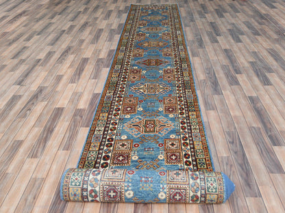 Blue 3'0" x 24'5" Kazak Hand knotted Wool Rug - Sku: O082606