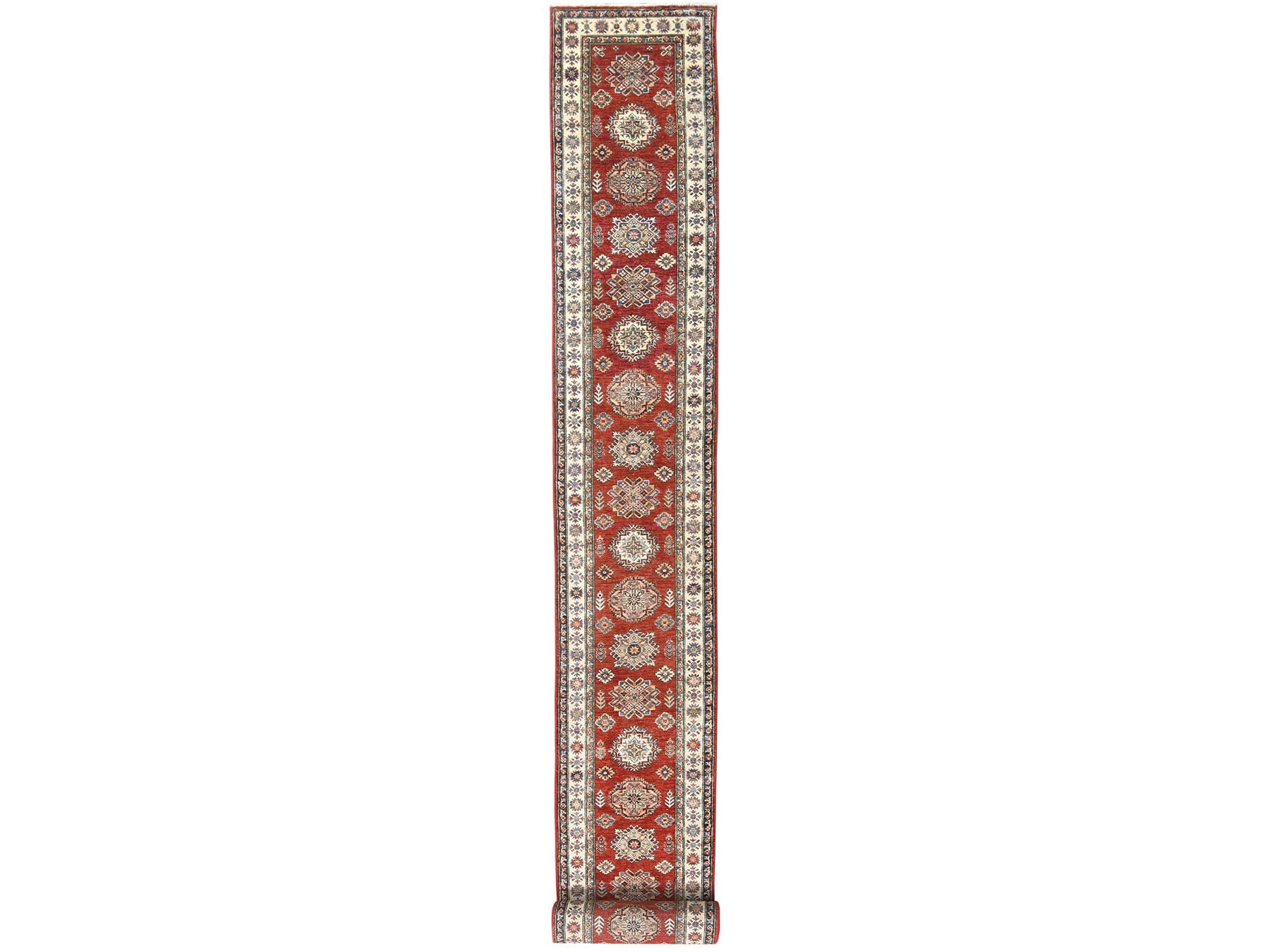 Kazak Kazak hand-knotted wool runner in Red & Ivory, 2'8" x 39'1" — SKU O082607