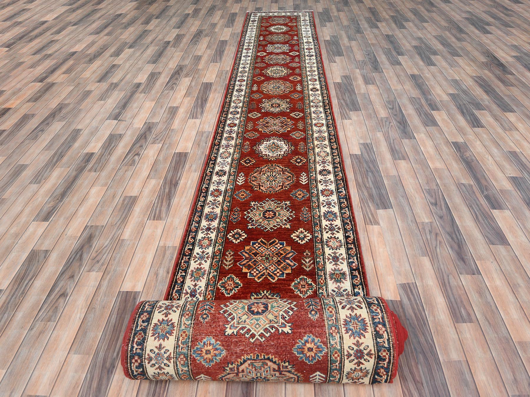 Kazak Kazak hand-knotted wool runner in Red & Ivory, 2'8" x 39'1" — SKU O082607 (view 2)