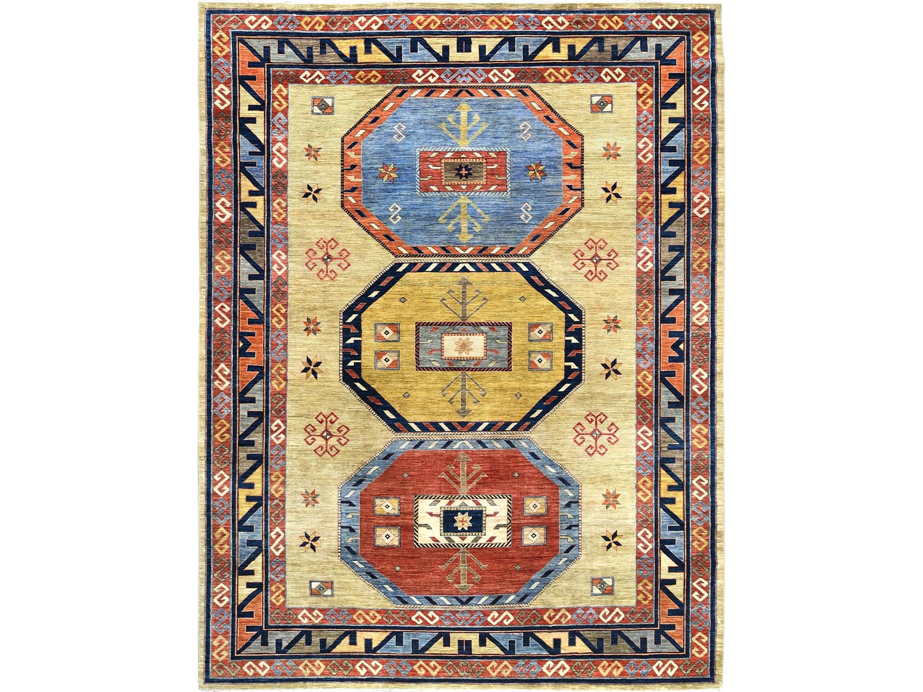 Tribal & Geometric hand-knotted wool rug in Green & Red, 10'2" x 13'6" — SKU O082613