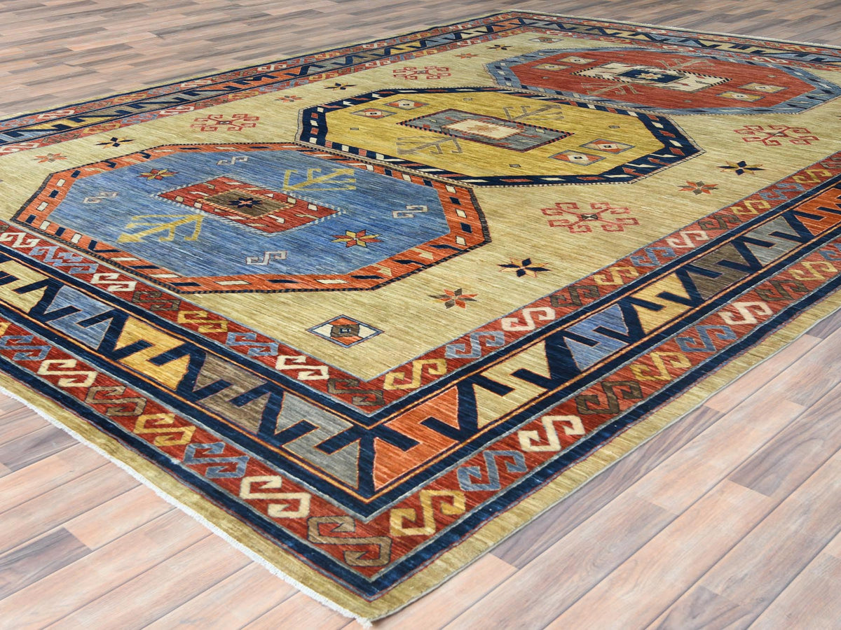 Tribal & Geometric hand-knotted wool rug in Green & Red, 10'2" x 13'6" — SKU O082613 (view 3)