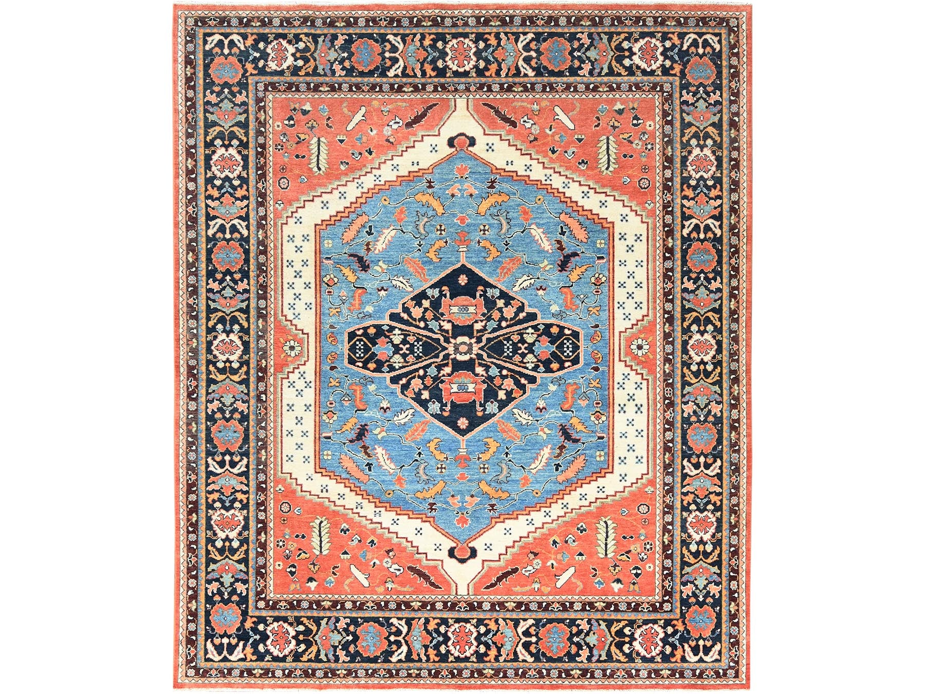 Heriz Heriz hand-knotted wool rug in Orange & Navy Blue, 8' x 9'6" — SKU O082676