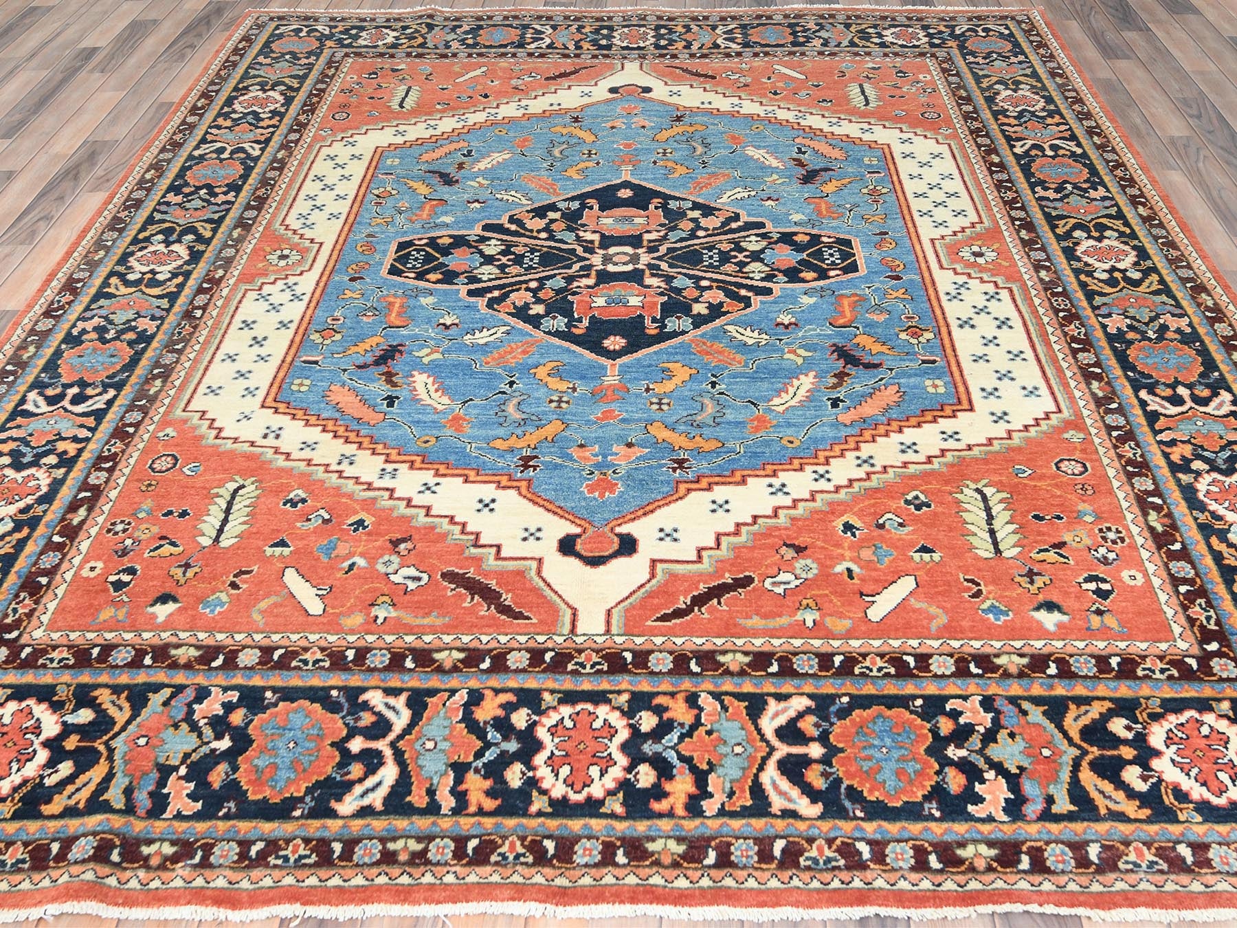 Heriz Heriz hand-knotted wool rug in Orange & Navy Blue, 8' x 9'6" — SKU O082676 (view 2)