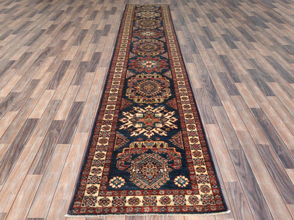 Blue 2'7" x 13'6" Kazak Hand knotted Wool Rug - Sku: O082725