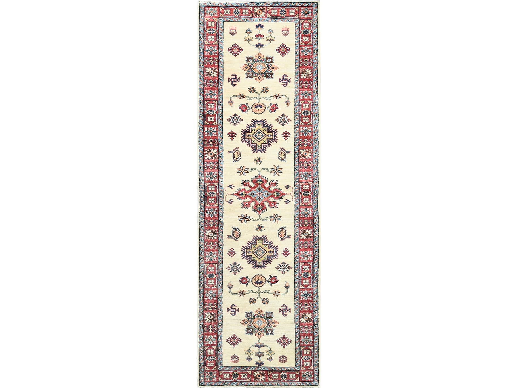 Kazak Kazak hand-knotted wool runner in Ivory & Red, 2'7" x 8'6" — SKU O082733