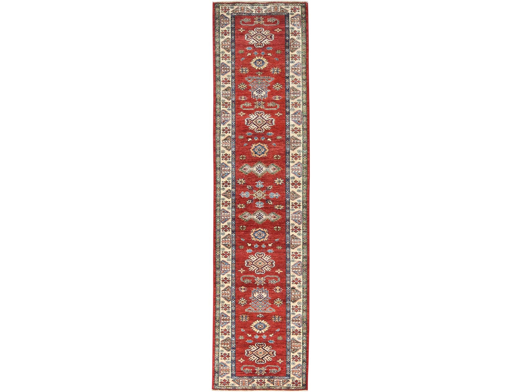 Kazak Kazak hand-knotted wool runner in Red & Ivory, 2'10" x 11'7" — SKU O082905
