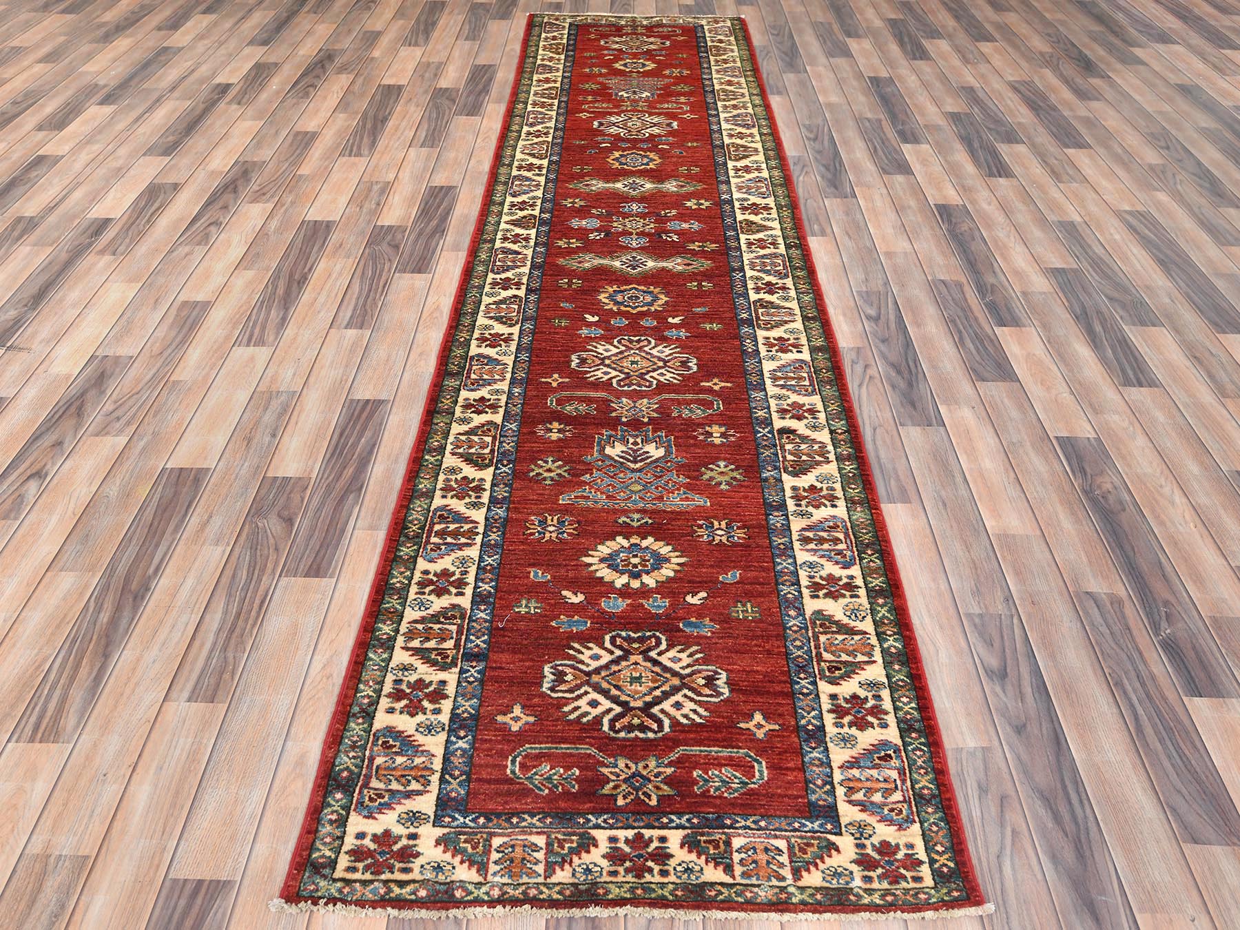 Kazak Kazak hand-knotted wool runner in Red & Ivory, 2'10" x 11'7" — SKU O082905 (view 2)