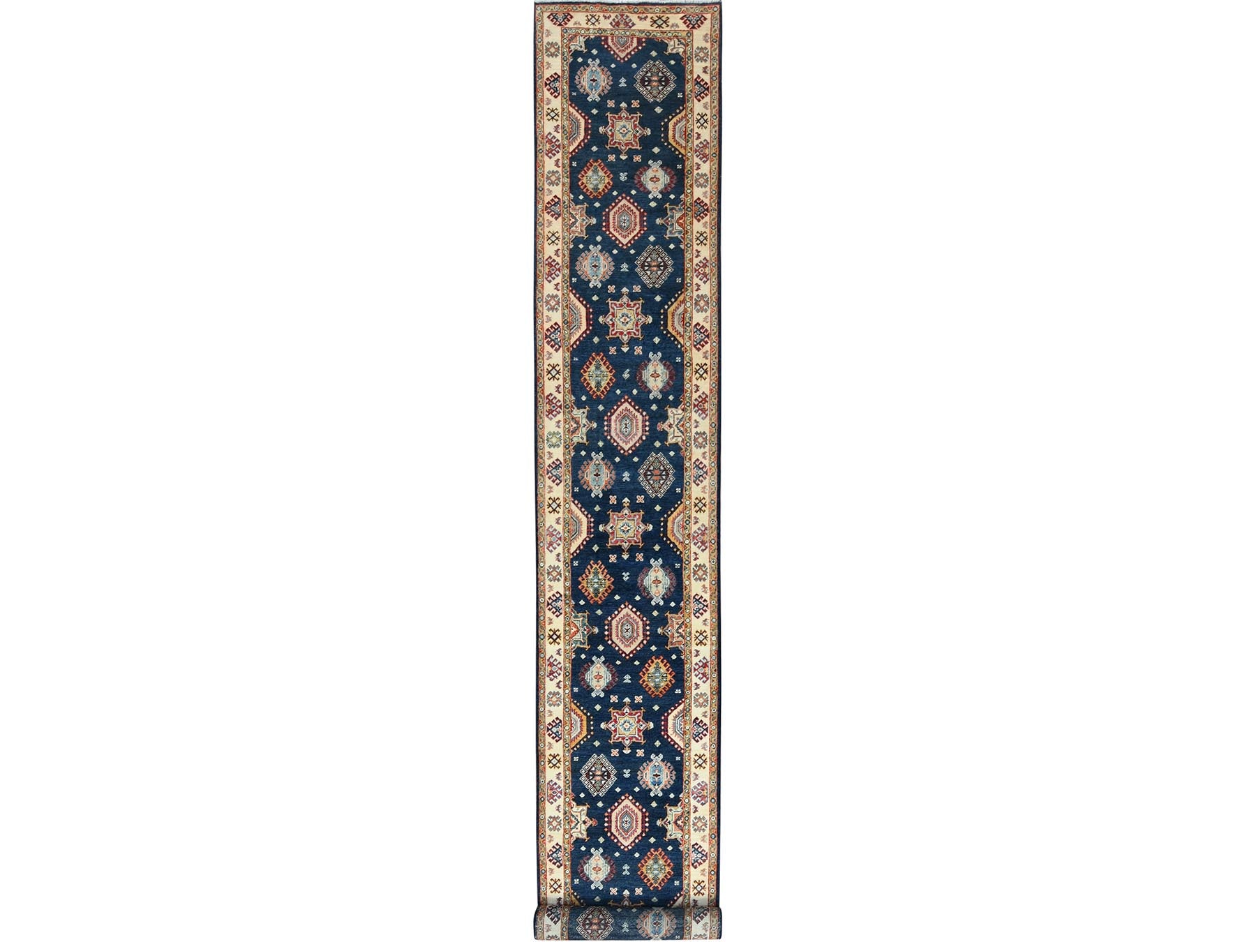 Kazak Kazak hand-knotted wool runner in Blue & Cream, 3' x 18'6" — SKU O082946