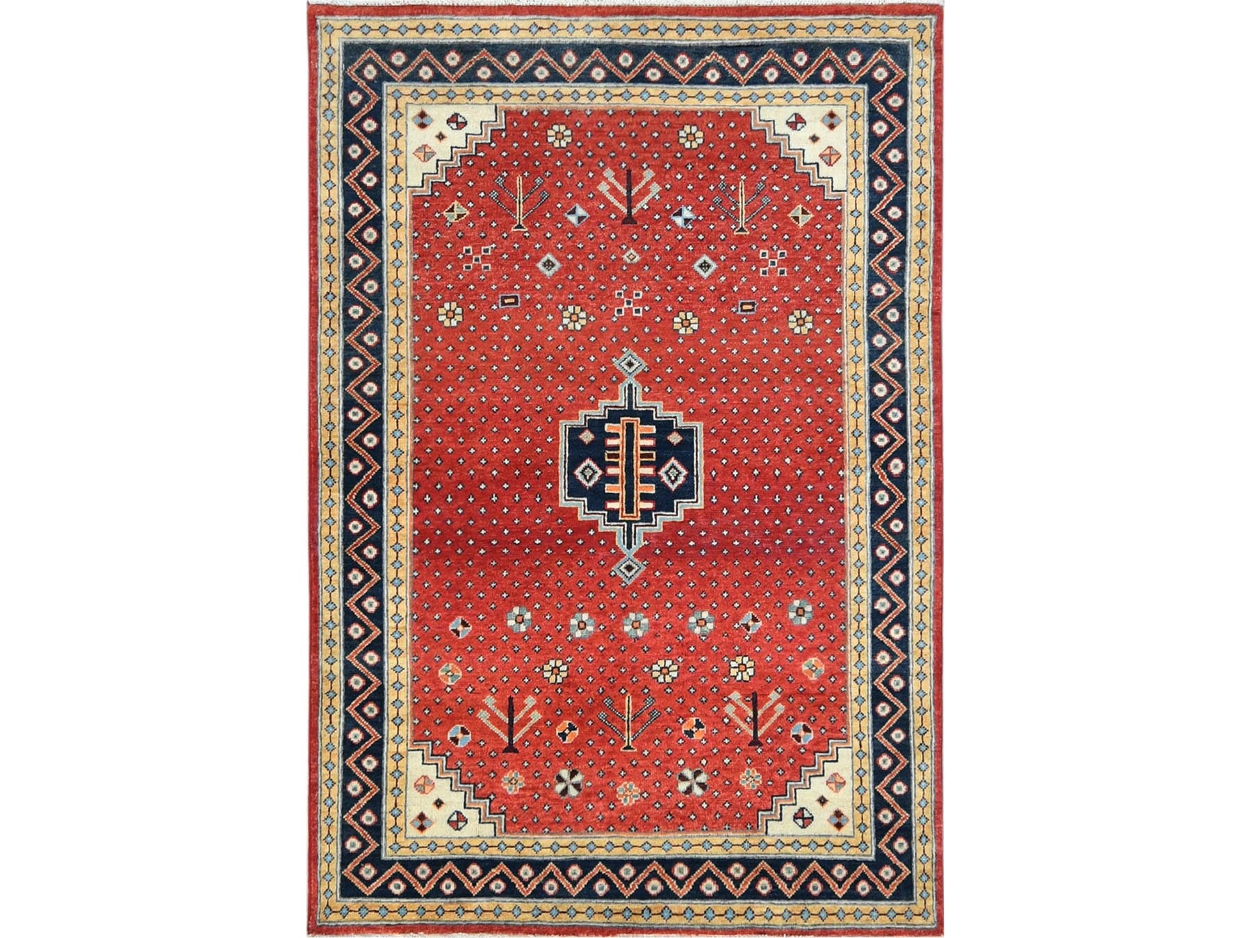 Kazak Kazak hand-knotted wool rug in Red & Blue, 4' x 5'9" — SKU O082949