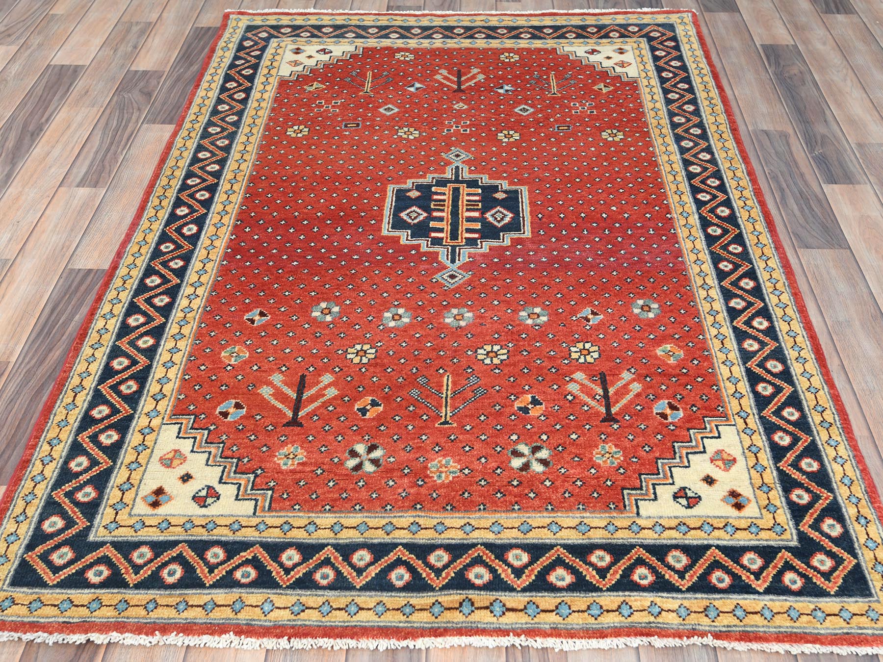 Kazak Kazak hand-knotted wool rug in Red & Blue, 4' x 5'9" — SKU O082949 (view 2)