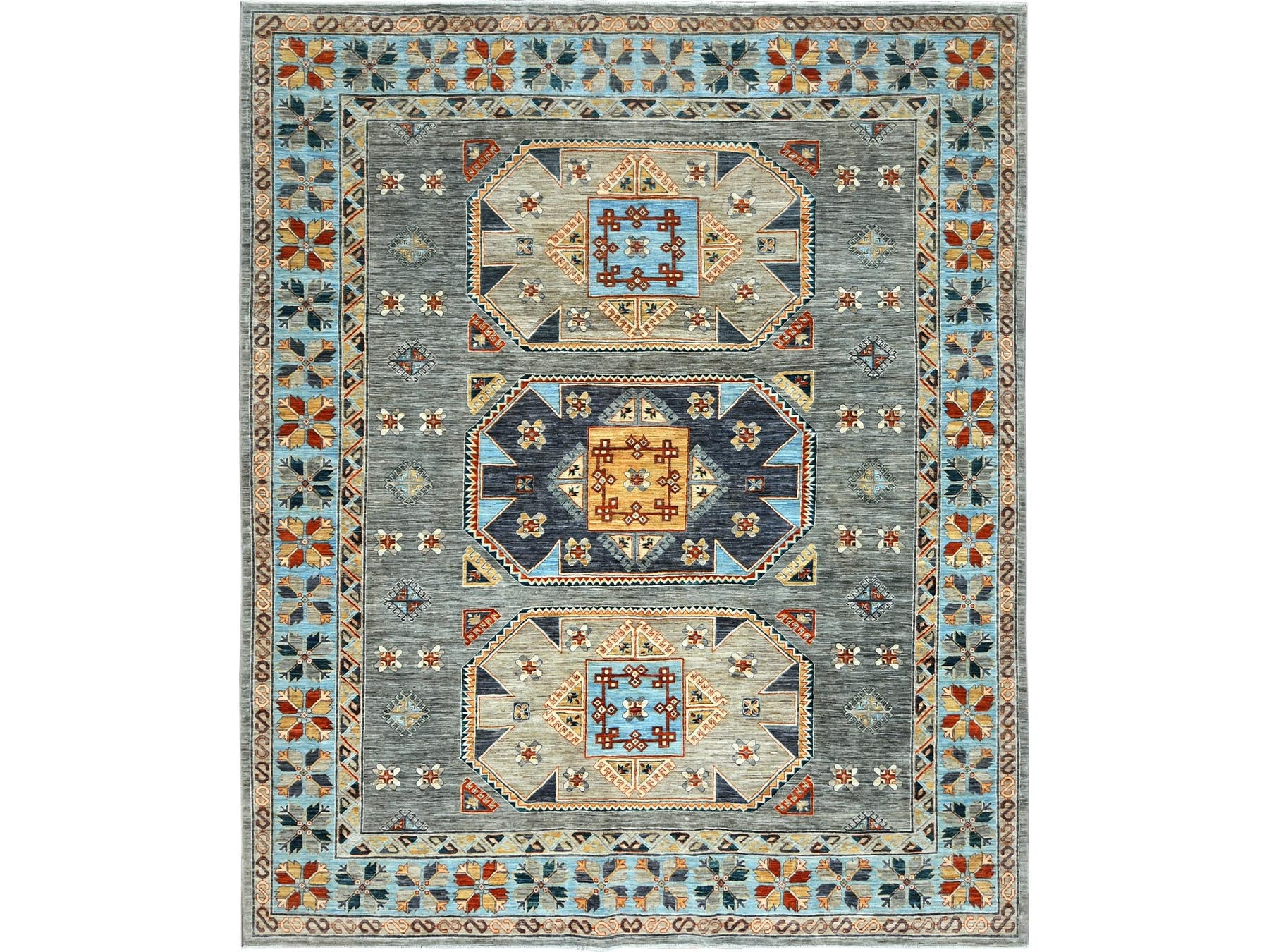 Tribal & Geometric hand-knotted wool rug in Gray & Light Blue, 8'3" x 9'9" — SKU O0830000