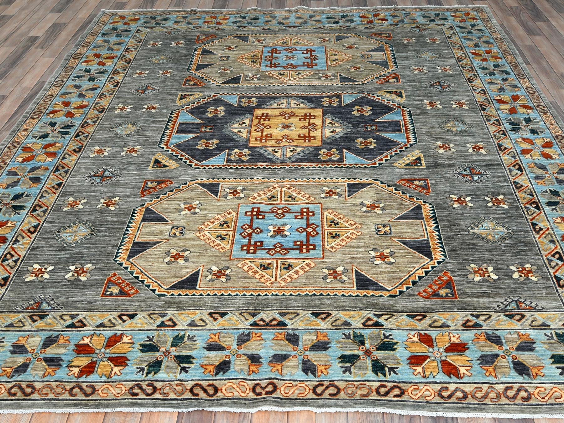 Tribal & Geometric hand-knotted wool rug in Gray & Light Blue, 8'3" x 9'9" — SKU O0830000 (view 2)