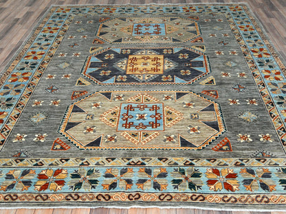 Tribal & Geometric hand-knotted wool rug in Gray & Light Blue, 8'3" x 9'9" — SKU O0830000 (view 2)