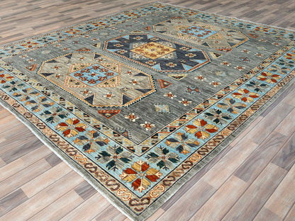 Tribal & Geometric hand-knotted wool rug in Gray & Light Blue, 8'3" x 9'9" — SKU O0830000 (view 3)