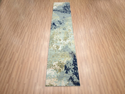 Grey 2'6" x 9'11" Modern / Contemporary Hand knotted Wool Rug - Sku: O083176